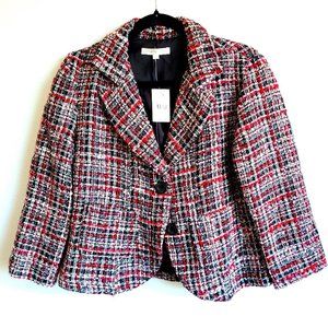 New Misses blazer in wine/black/light pink/and silver woven tweed like print